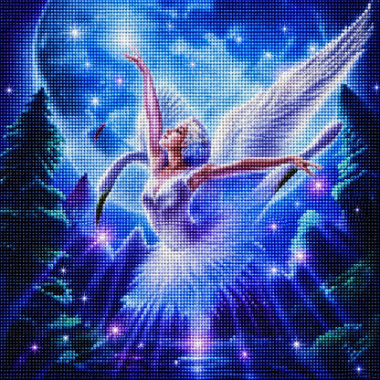 Finished angel of light diamond painting with a white winged angel dancing among stars over a glowing forest at night | Azurra Shop