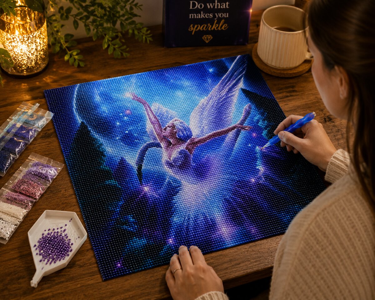 Woman placing diamonds on the angel of light canvas at a desk with coffee and a candle | Azurra Shop