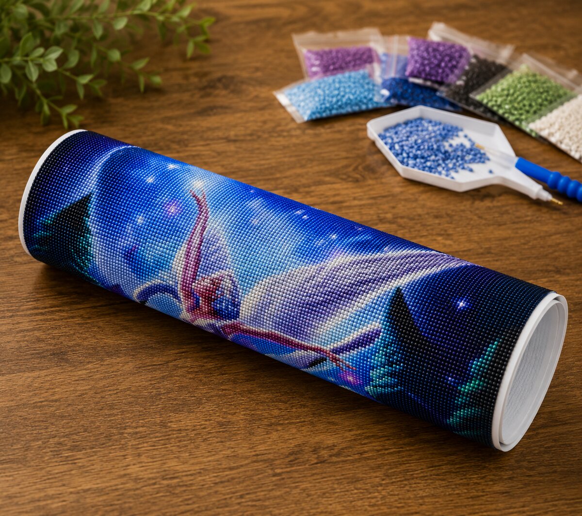 Diamond painting kit supplies including rolled canvas, sorted diamond bags, applicator pen, and tray | Azurra Shop