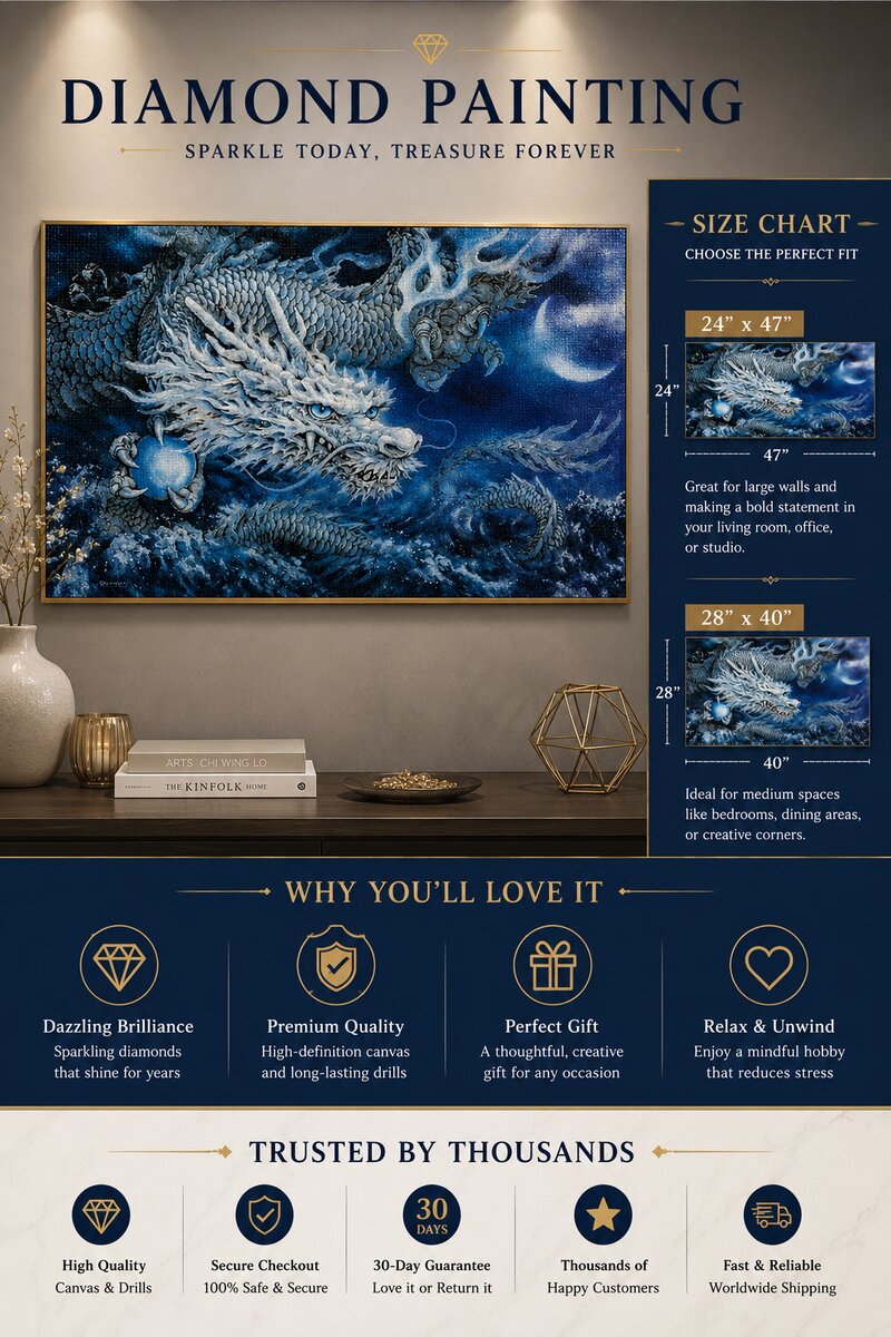Arctic dragon diamond painting framed on a wall, available in 24 by 47 and 28 by 40 inch sizes | Azurra Shop