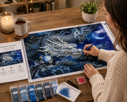 Woman placing diamonds on the arctic dragon canvas at a table with tea and a candle | Azurra Shop