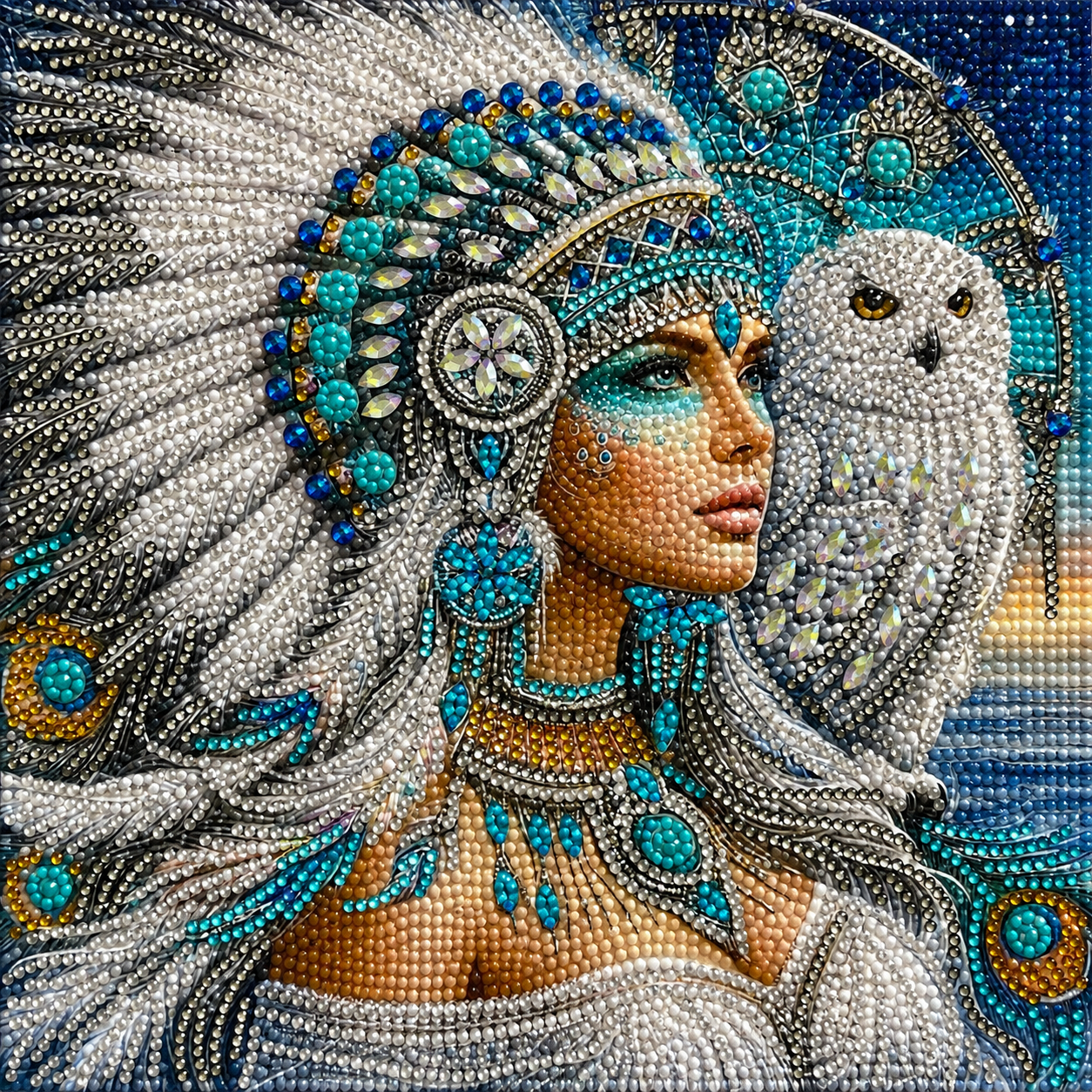 Arctic Native American princess diamond painting kit close-up – ethereal Native American princess in elaborate white feather headdress shimmering with turquoise gems and pearls, majestic snowy owl with golden eyes perched at her side, glittering arctic starry blue sky, sparkling full drill 5D resin diamond texture — Azurra Shop
