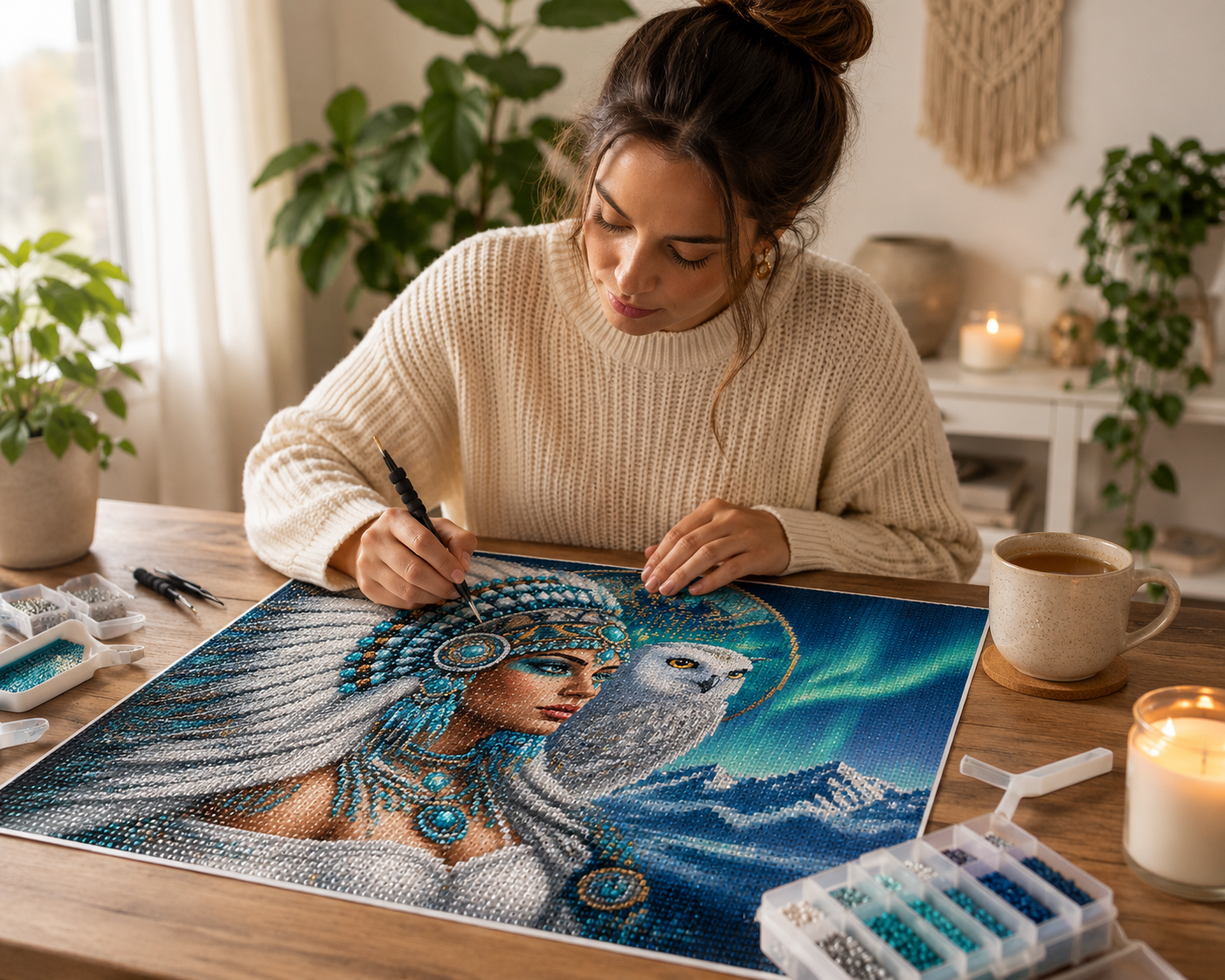 Woman creating Arctic Native American princess diamond painting kit at bright boho craft desk with sorted teal, blue, white and silver diamond drills in organizer trays, applicator pen, pinzer tweezers, candle and cup of coffee beside sunny window with macramé wall hanging — Azurra Shop
