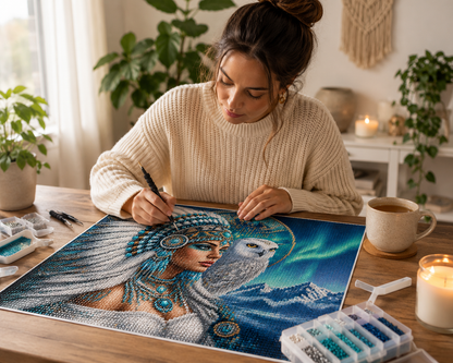 Woman creating Arctic Native American princess diamond painting kit at bright boho craft desk with sorted teal, blue, white and silver diamond drills in organizer trays, applicator pen, pinzer tweezers, candle and cup of coffee beside sunny window with macramé wall hanging — Azurra Shop
