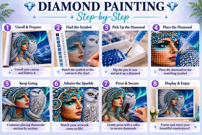 Arctic Native American princess diamond painting kit easy 8-step guide – illustrated steps: unroll and flatten canvas, match symbol on canvas to chart, dip pen in wax and pick up diamond, place diamond on matching symbol, keep going section by section, admire the sparkle, press and secure with roller, frame and display masterpiece — Azurra Shop
