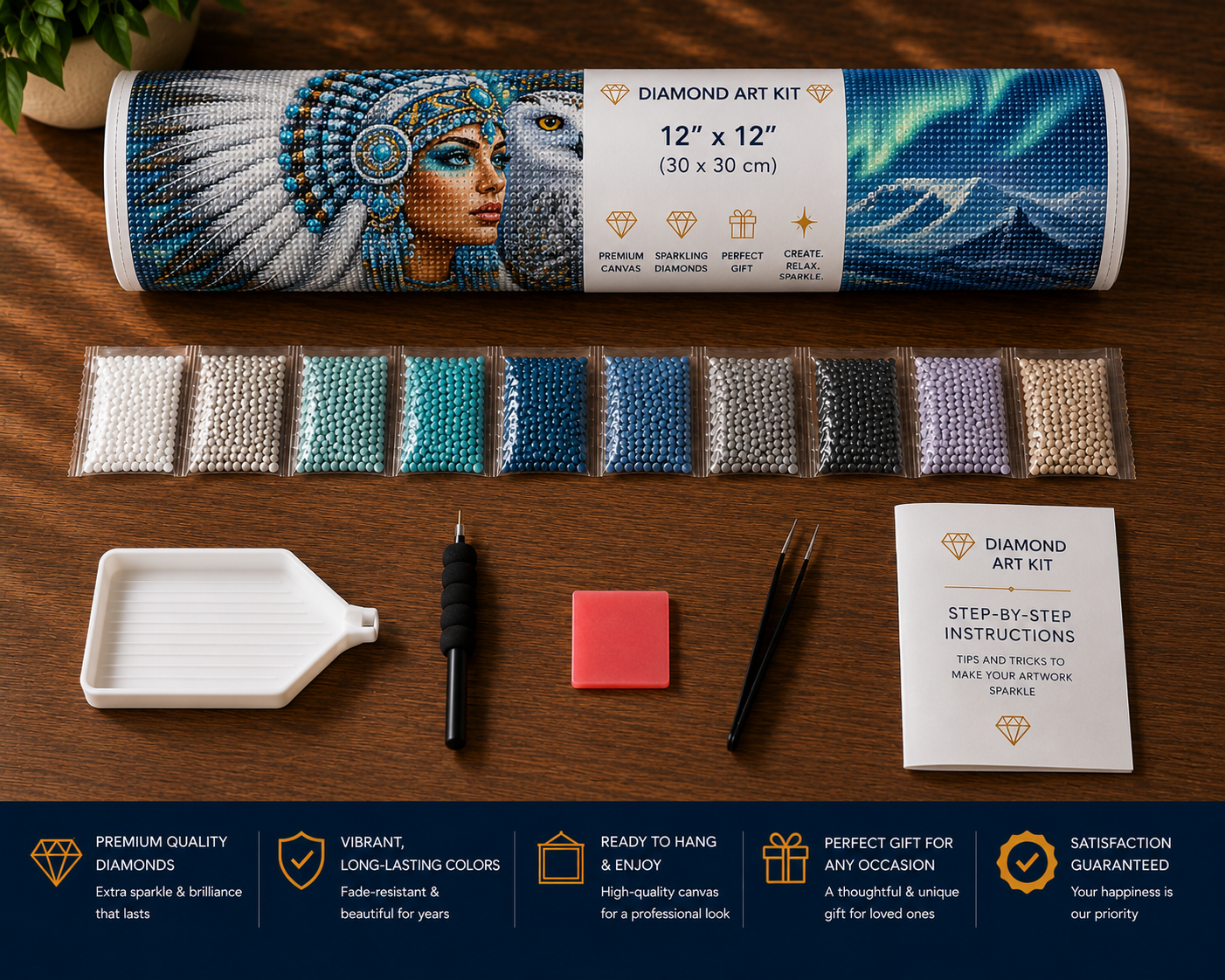 Arctic Native American princess diamond painting kit supplies – 12" x 12" canvas tube, sorted white, teal, navy, blue, black, lavender and cream diamond drill packets in zip bags, applicator pen, pinzer tweezers, wax pad, tray and step-by-step instruction booklet on wooden surface — Azurra Shop
