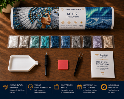 Arctic Native American princess diamond painting kit supplies – 12" x 12" canvas tube, sorted white, teal, navy, blue, black, lavender and cream diamond drill packets in zip bags, applicator pen, pinzer tweezers, wax pad, tray and step-by-step instruction booklet on wooden surface — Azurra Shop

