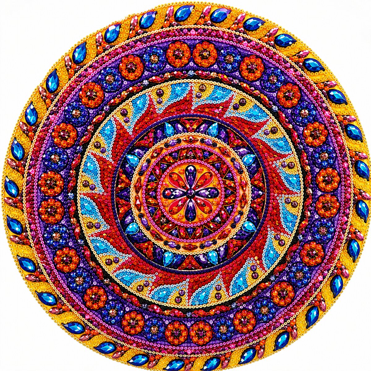 Finished Aztec spiral mandala diamond painting with concentric rings of florals, gems, and a sunburst center in red, purple, and gold | Azurra Shop