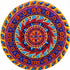 Finished Aztec spiral mandala diamond painting with concentric rings of florals, gems, and a sunburst center in red, purple, and gold | Azurra Shop