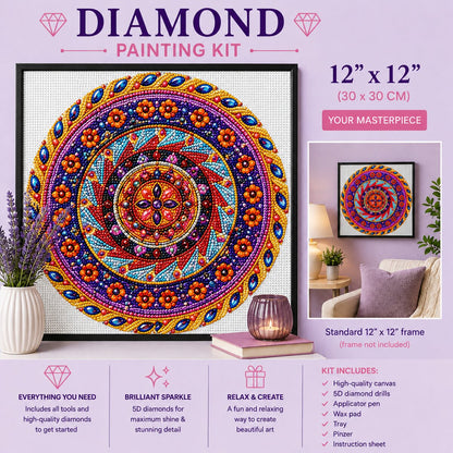 Aztec spiral mandala diamond painting framed on a lavender wall above a chair, shown in a 12 by 12 inch size | Azurra Shop