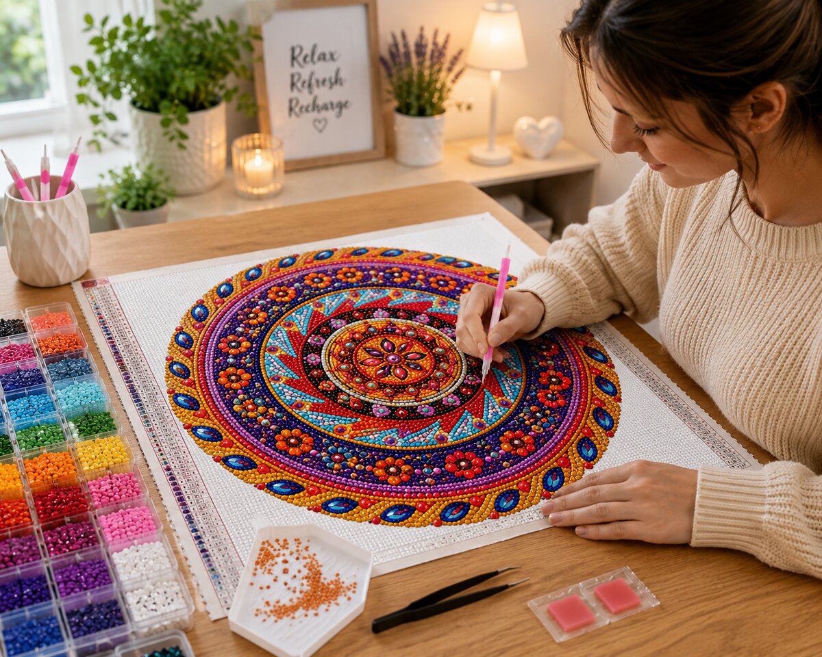 Woman placing diamonds on the Aztec spiral mandala canvas at a desk with candles and a diamond sorting tray | Azurra Shop