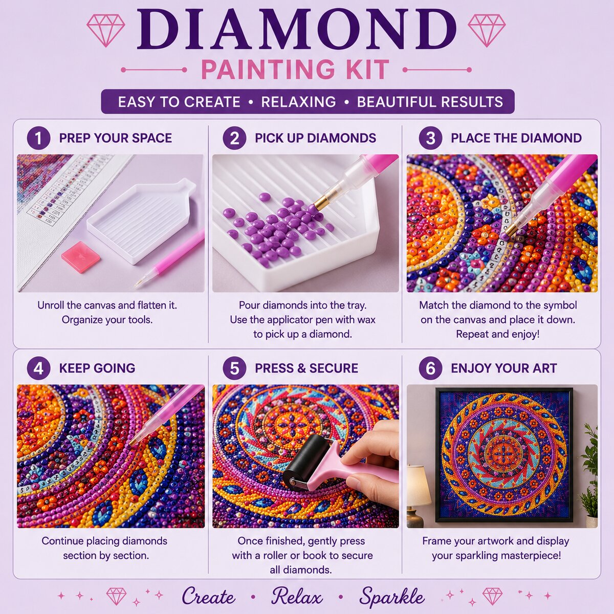 Six step instructions for completing a diamond painting kit from prepping your space to framing the finished art | Azurra Shop
