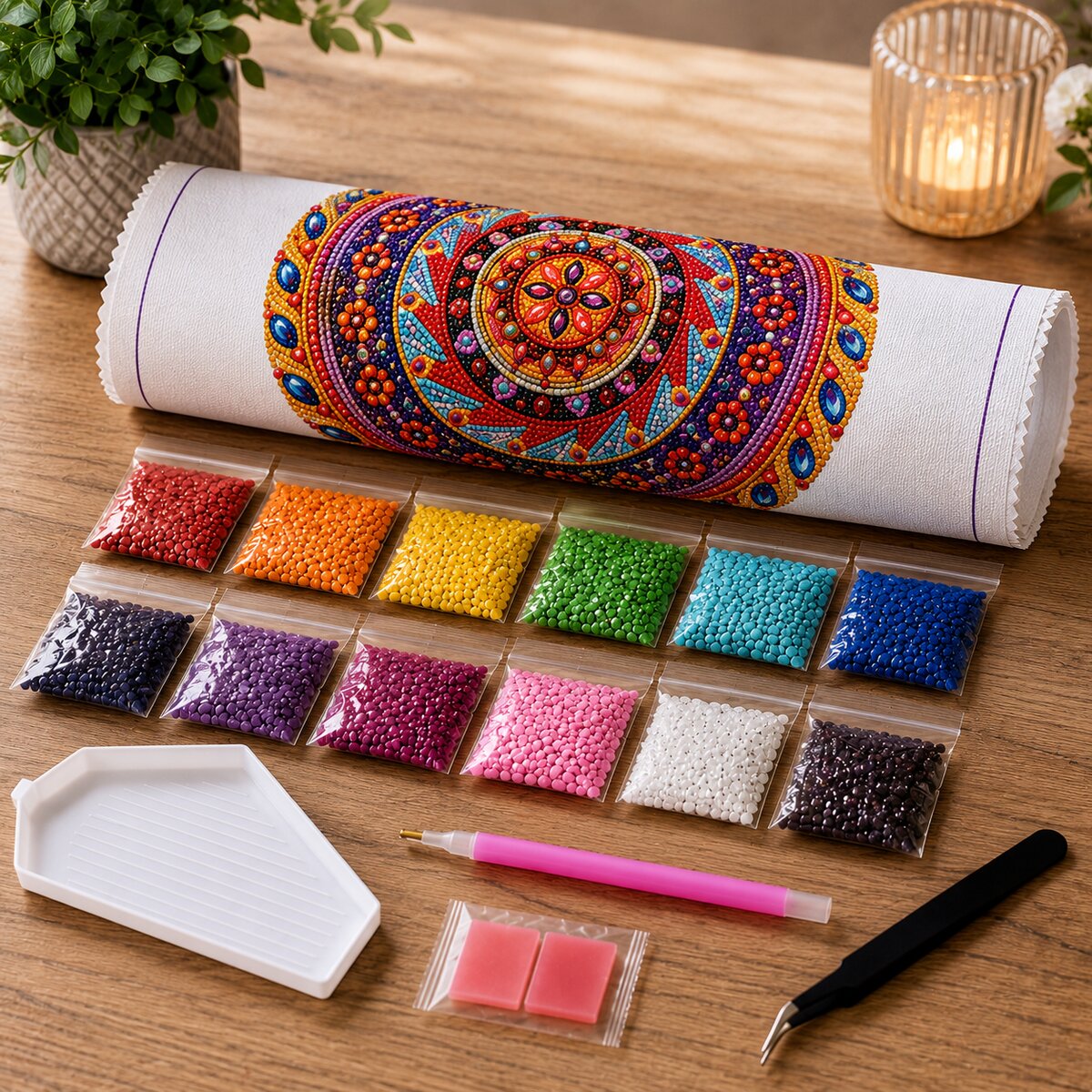 Diamond painting kit supplies including rolled canvas, sorted diamond bags, applicator pen, and tweezers | Azurra Shop