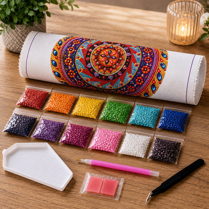Diamond painting kit supplies including rolled canvas, sorted diamond bags, applicator pen, and tweezers | Azurra Shop