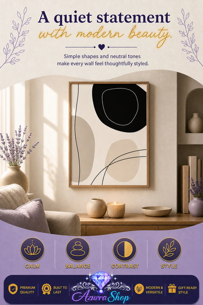 Framed abstract canvas print with black and beige organic shapes hung above a wooden console table in a living room with a sofa, lavender vase, candle, and bowl, with a bookshelf alcove in the background