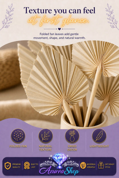 Close-up of folded dried palm fan leaves showing their pleated texture, gathered in a container against a blurred woven-texture background