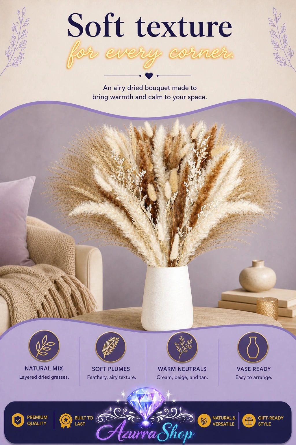 Promotional graphic showing a large dried pampas grass bouquet in warm neutral tones, arranged in a white ceramic vase on a wooden side table next to a cream sofa