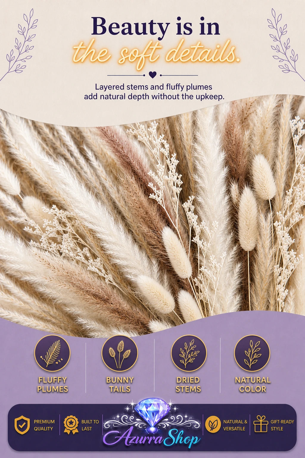 Close-up detail of dried pampas grass and bunny tail grass stems in natural cream, tan, and brown tones, showing fluffy plume texture