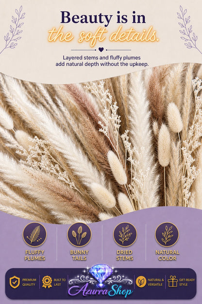 Close-up detail of dried pampas grass and bunny tail grass stems in natural cream, tan, and brown tones, showing fluffy plume texture