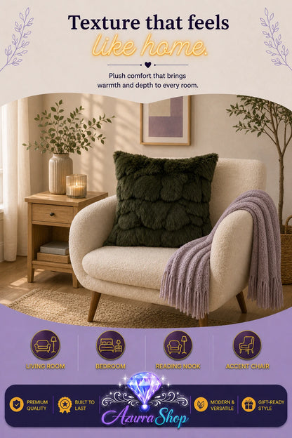 Dark olive green textured faux-fur throw pillow on a cream armchair with a folded throw blanket; promotional text reads "Texture that feels like home."