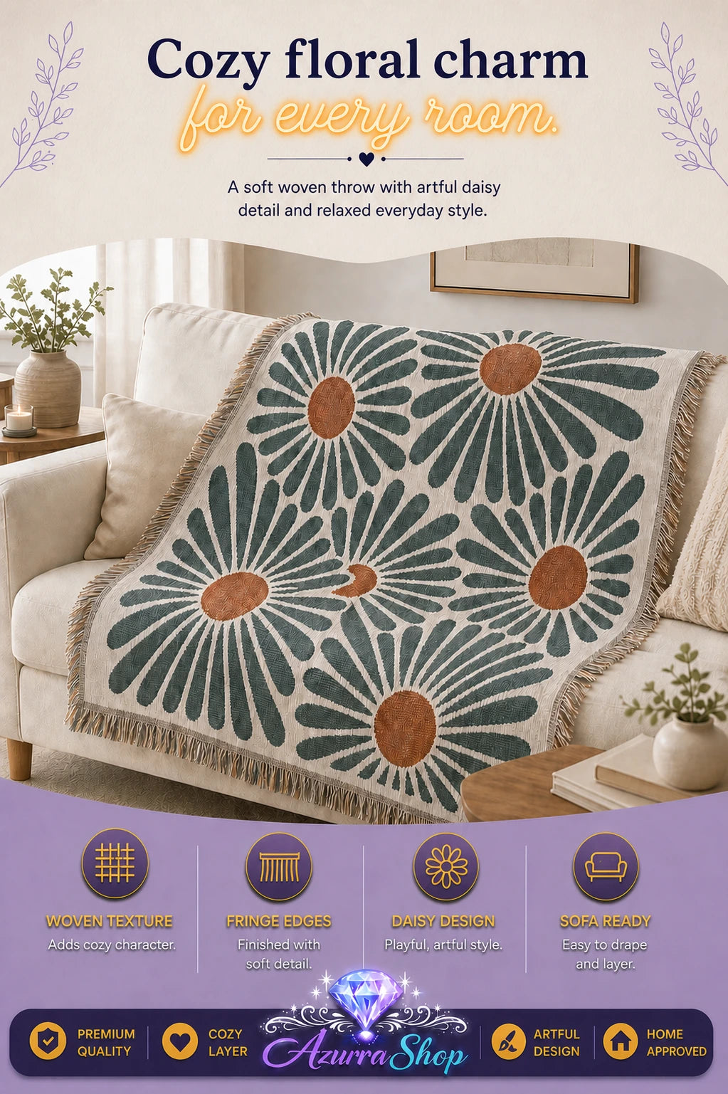 Daisy pattern woven throw blanket with fringe edges draped over a cream sofa in a living room