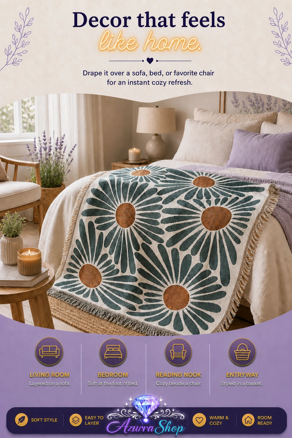 Daisy pattern throw blanket draped across a bed with pillows and a bedside lamp