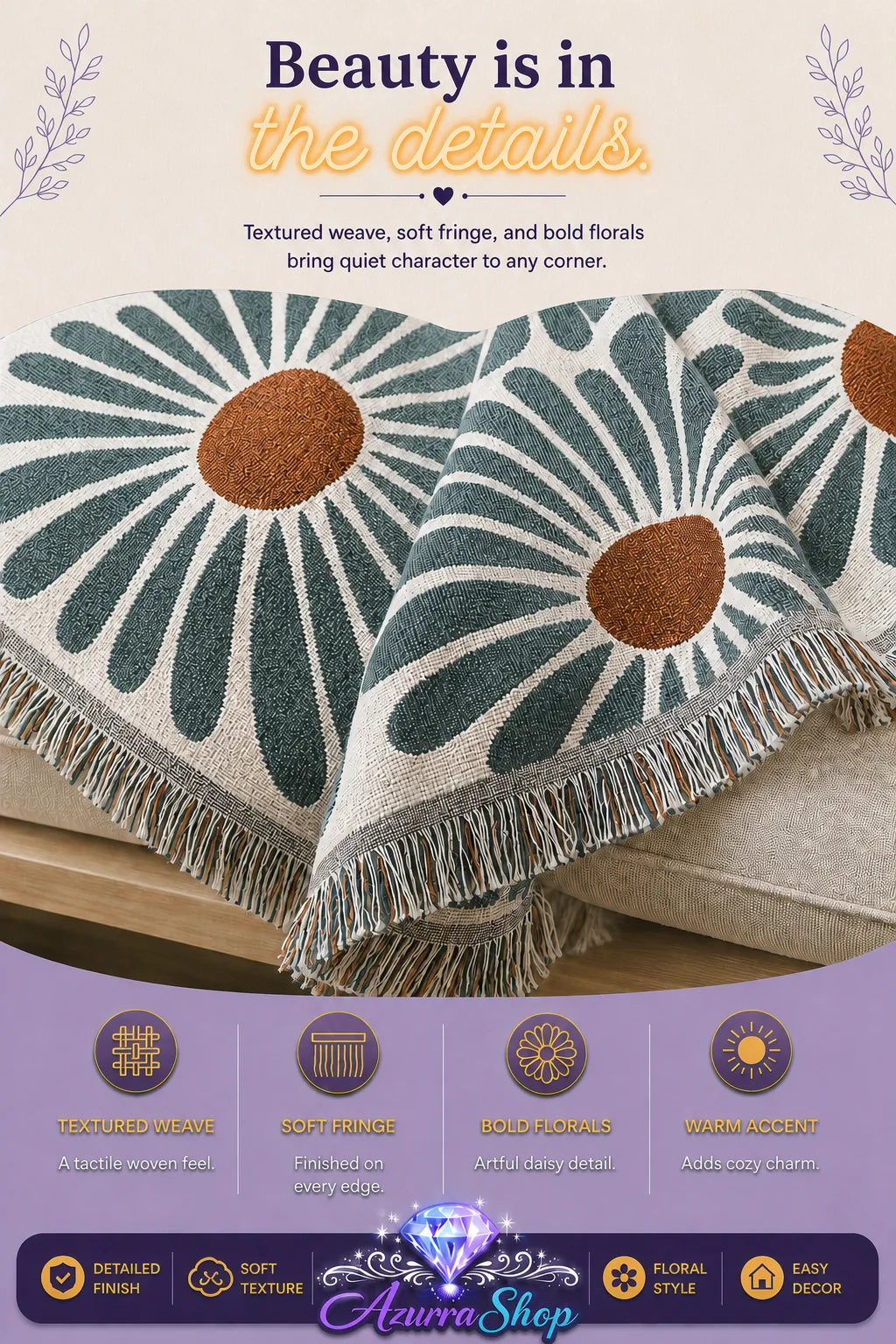 Close up of the daisy pattern throw blanket showing its woven texture and fringed edge