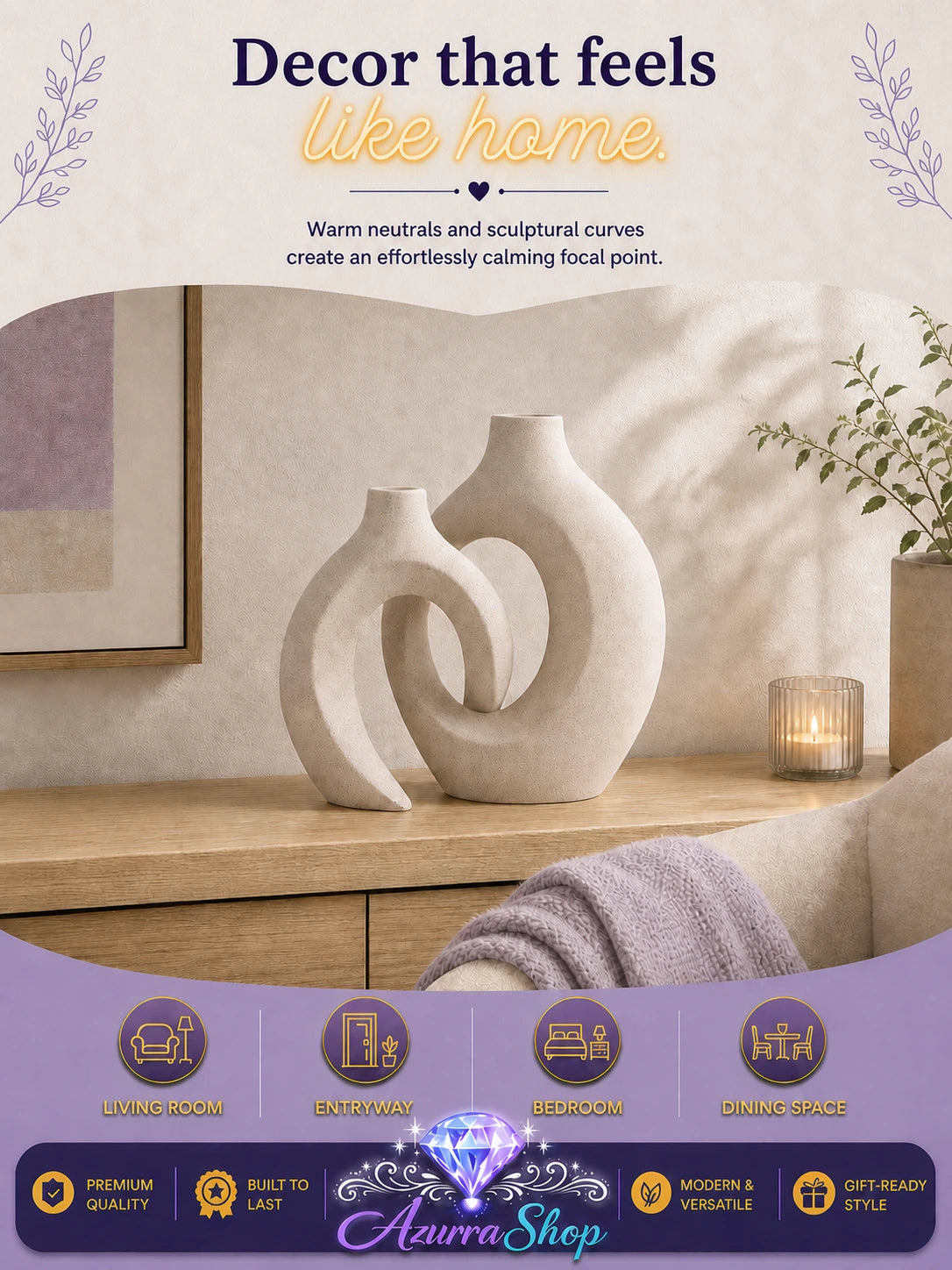 Entwined rice white ceramic vase duo displayed on a wood console beside a lit candle in a cozy living room
