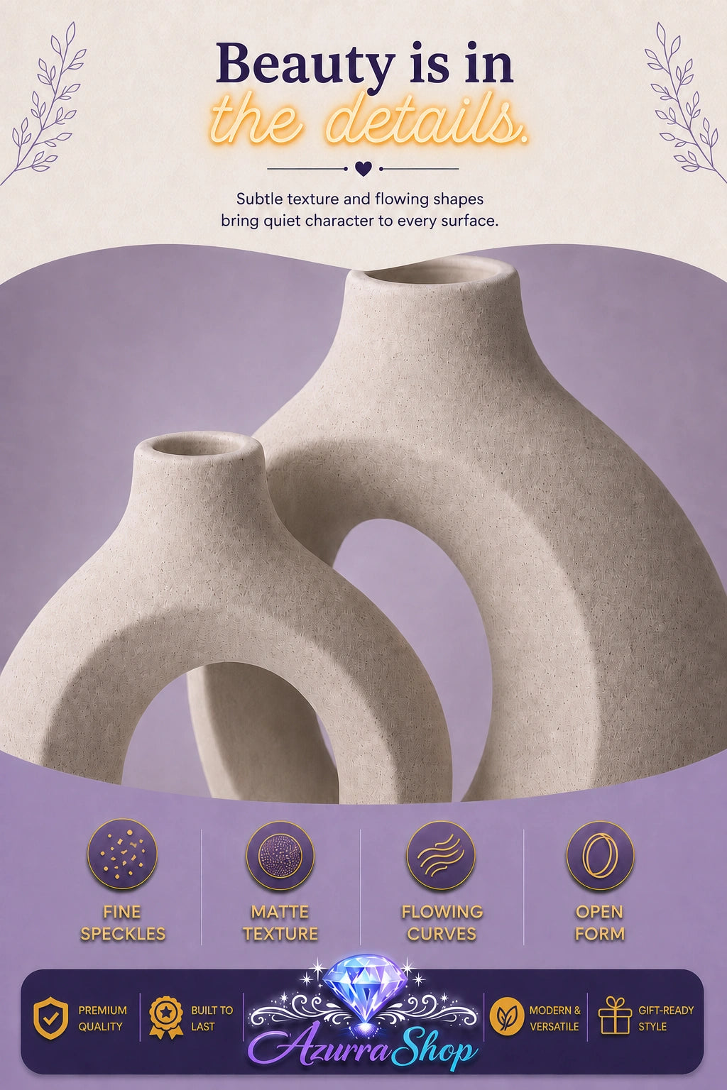 Close up of the entwined ceramic vases showing their fine speckled texture and matte finish