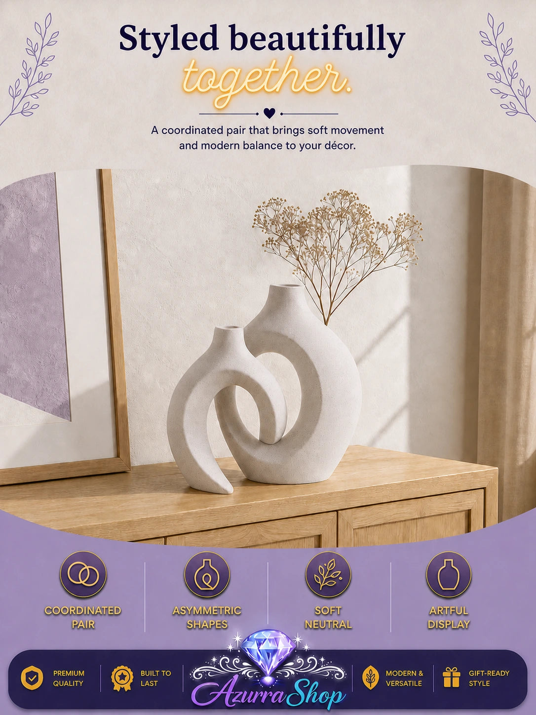 Rice white ceramic vase duo styled together with dried pampas grass on a wooden console table