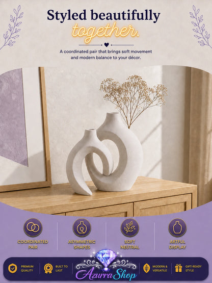 Rice white ceramic vase duo styled together with dried pampas grass on a wooden console table