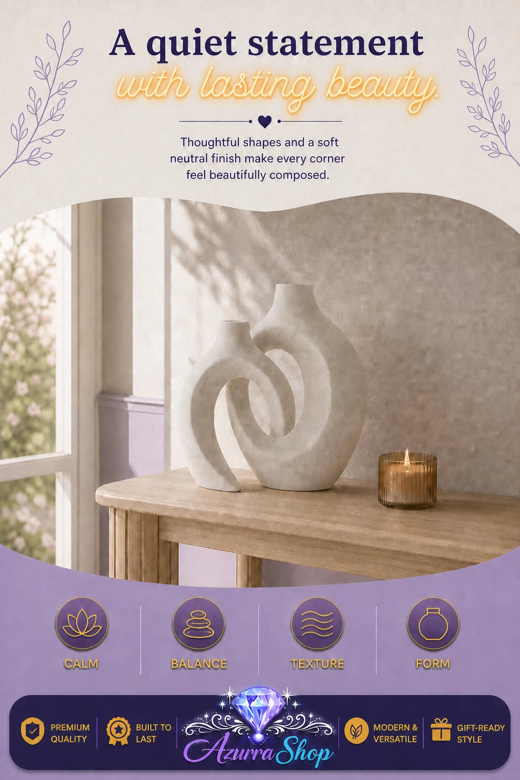 Entwined ceramic vase duo displayed near a sunlit window alongside a lit candle