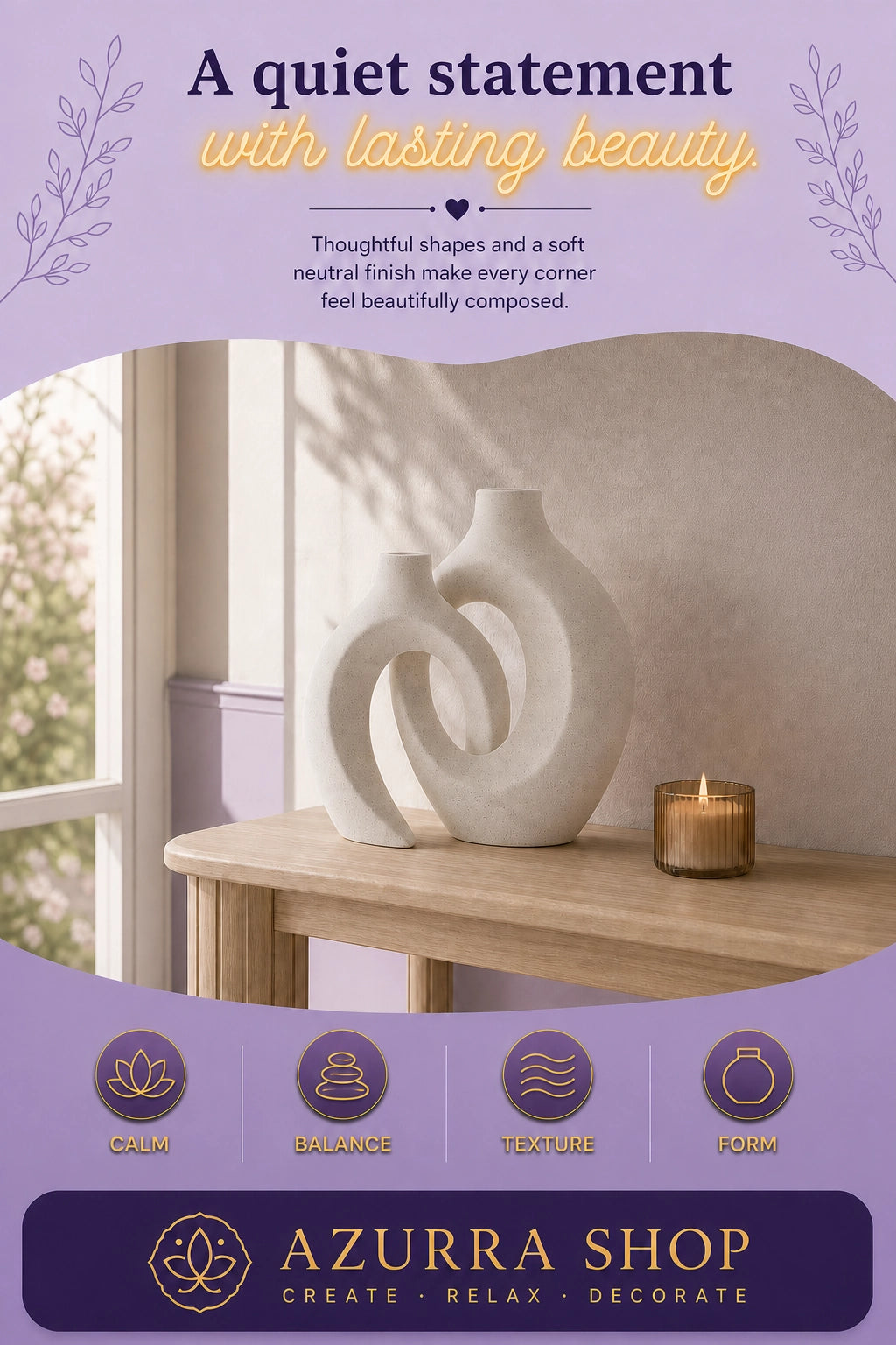 Rice white European ceramic vase set styled beside a candle near a sunlit window