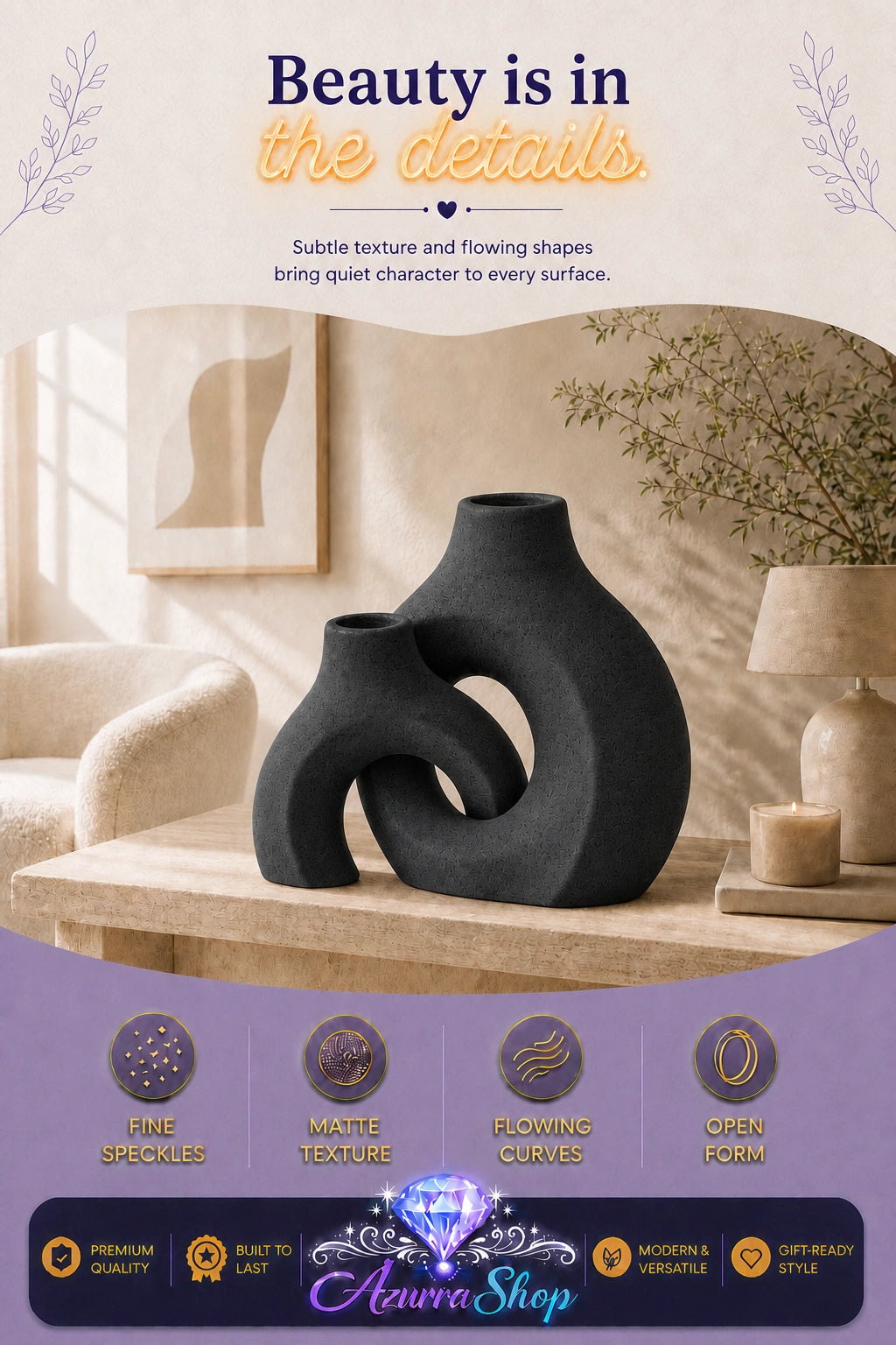 Black entwined ceramic vase duo displayed on a wood table in a living room with an armchair and lamp