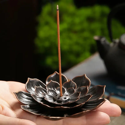 Lotus Metal Holder: > Lotus Shaped Metal Incense Holder — electroplated alloy, lotus design, holds incense sticks, elegant aromatherapy decor — Azurra Shop