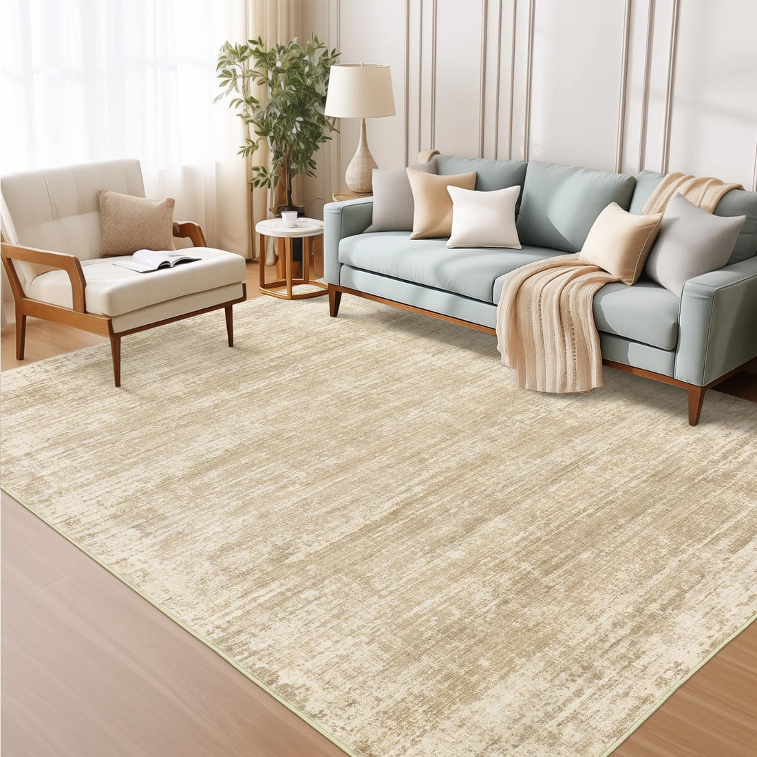 Abstract microfiber area rug 3x5 feet in beige and brown — washable non-slip stain-resistant living room rug — Azurra Shop