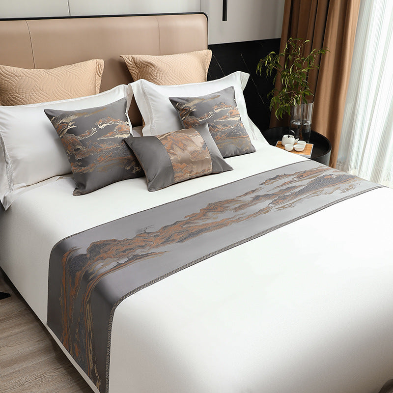 Chinese Landscape Style Bed Runner &amp; Pillow Set