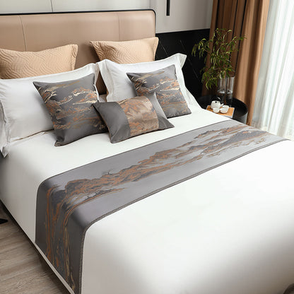 Chinese Landscape Style Bed Runner &amp; Pillow Set