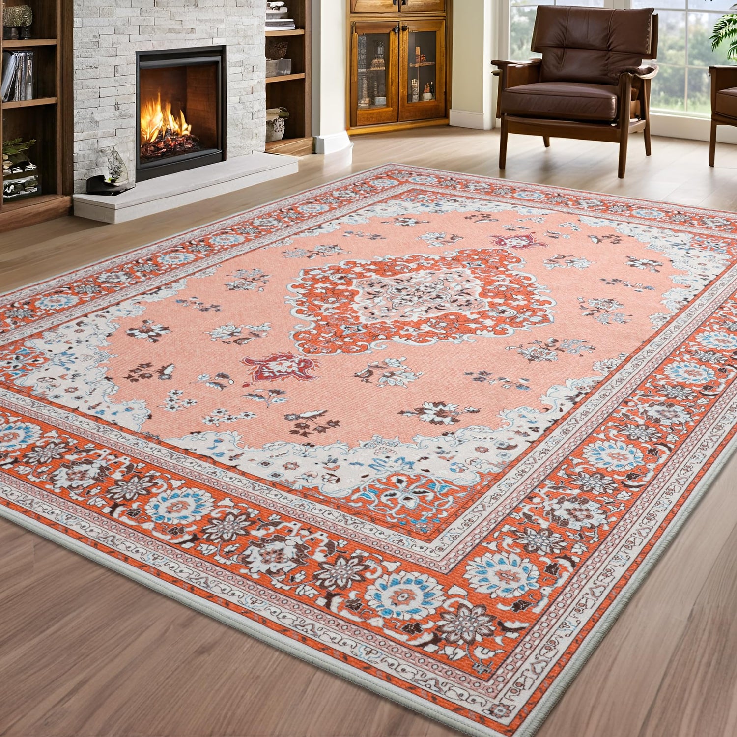 Vintage chenille area rug 6x9 feet in red — non-slip machine washable floor carpet for living room or bedroom — Azurra Shop