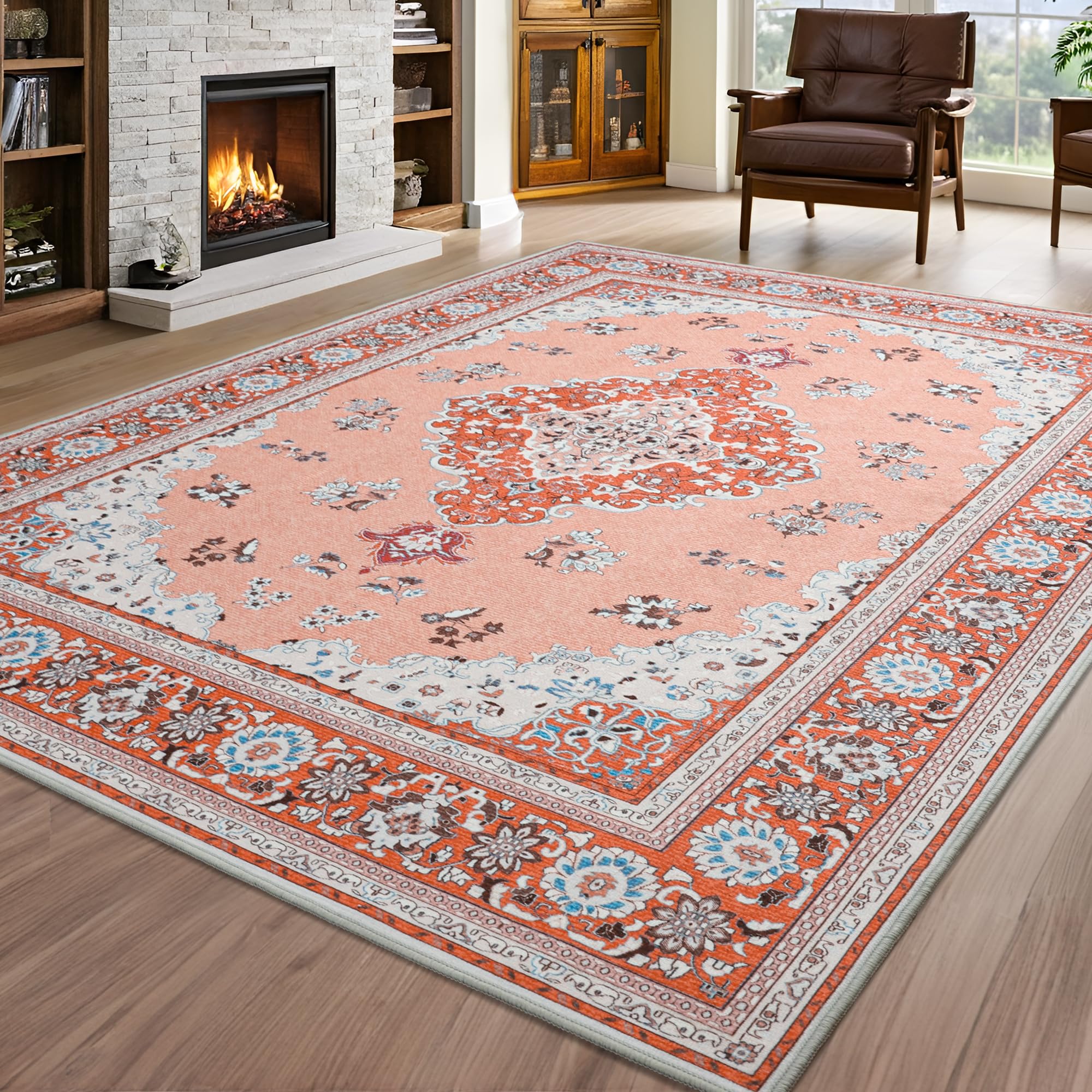 Vintage chenille area rug 6x9 feet in red — non-slip machine washable floor carpet for living room or bedroom — Azurra Shop