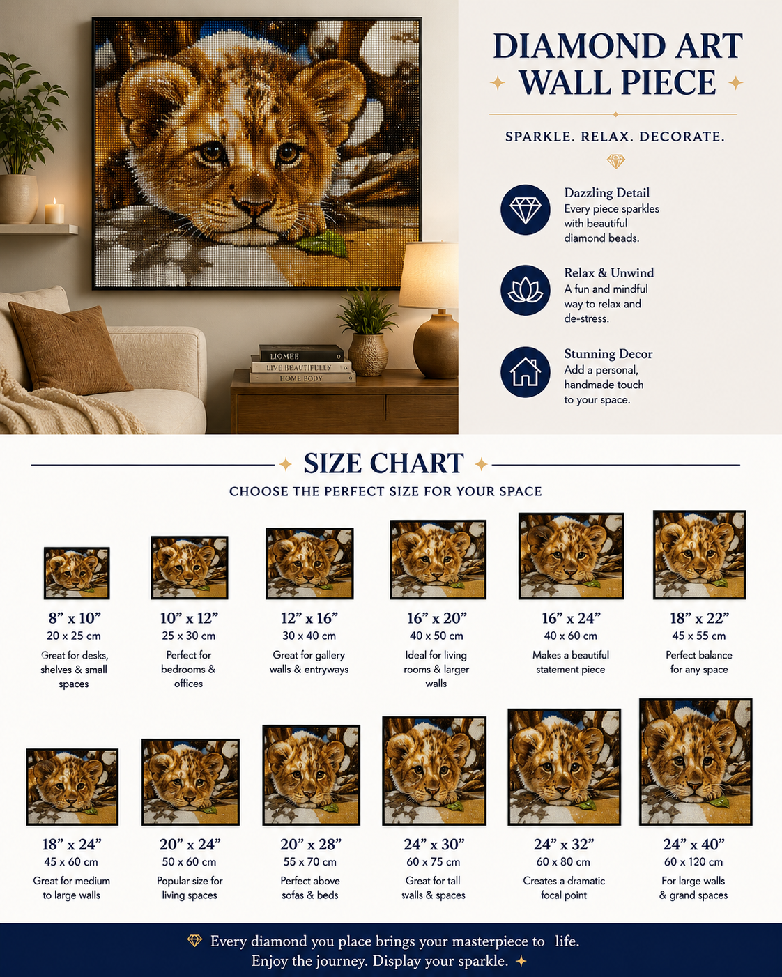 Baby lion cub diamond painting kit size chart – 12 sizes from 8" x 10" to 24" x 40", framed finished lion cub art displayed on living room wall, dazzling detail, relax and unwind, stunning decor — Azurra Shop
