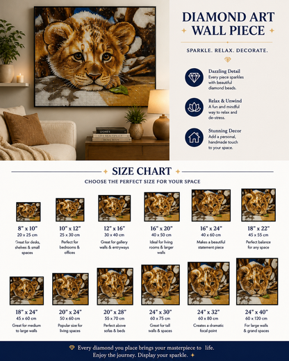 Baby lion cub diamond painting kit size chart – 12 sizes from 8" x 10" to 24" x 40", framed finished lion cub art displayed on living room wall, dazzling detail, relax and unwind, stunning decor — Azurra Shop
