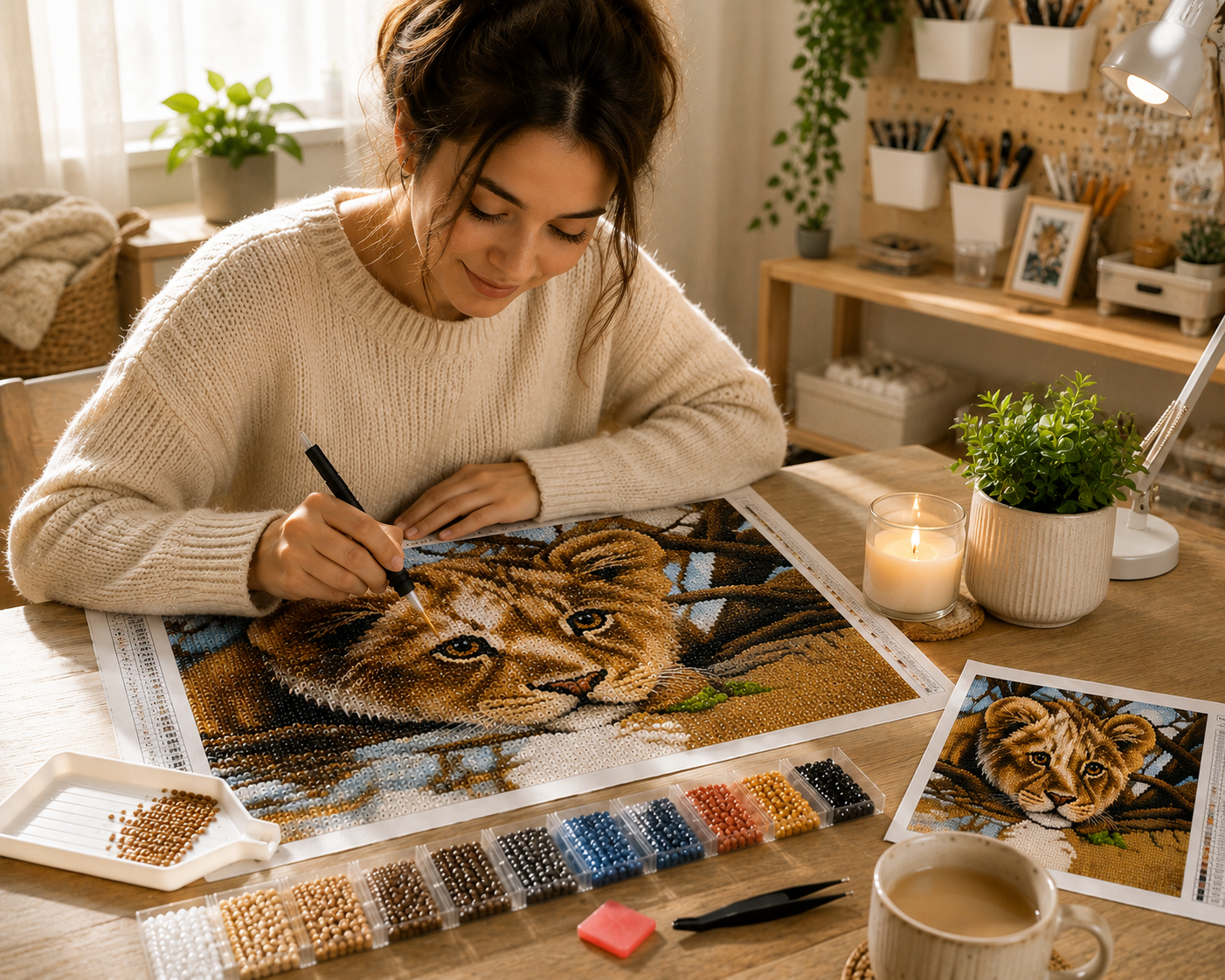 Woman creating baby lion cub diamond painting kit at cozy craft desk with sorted diamond drills, applicator pen, wax pad, tray, candle and reference card — Azurra Shop
