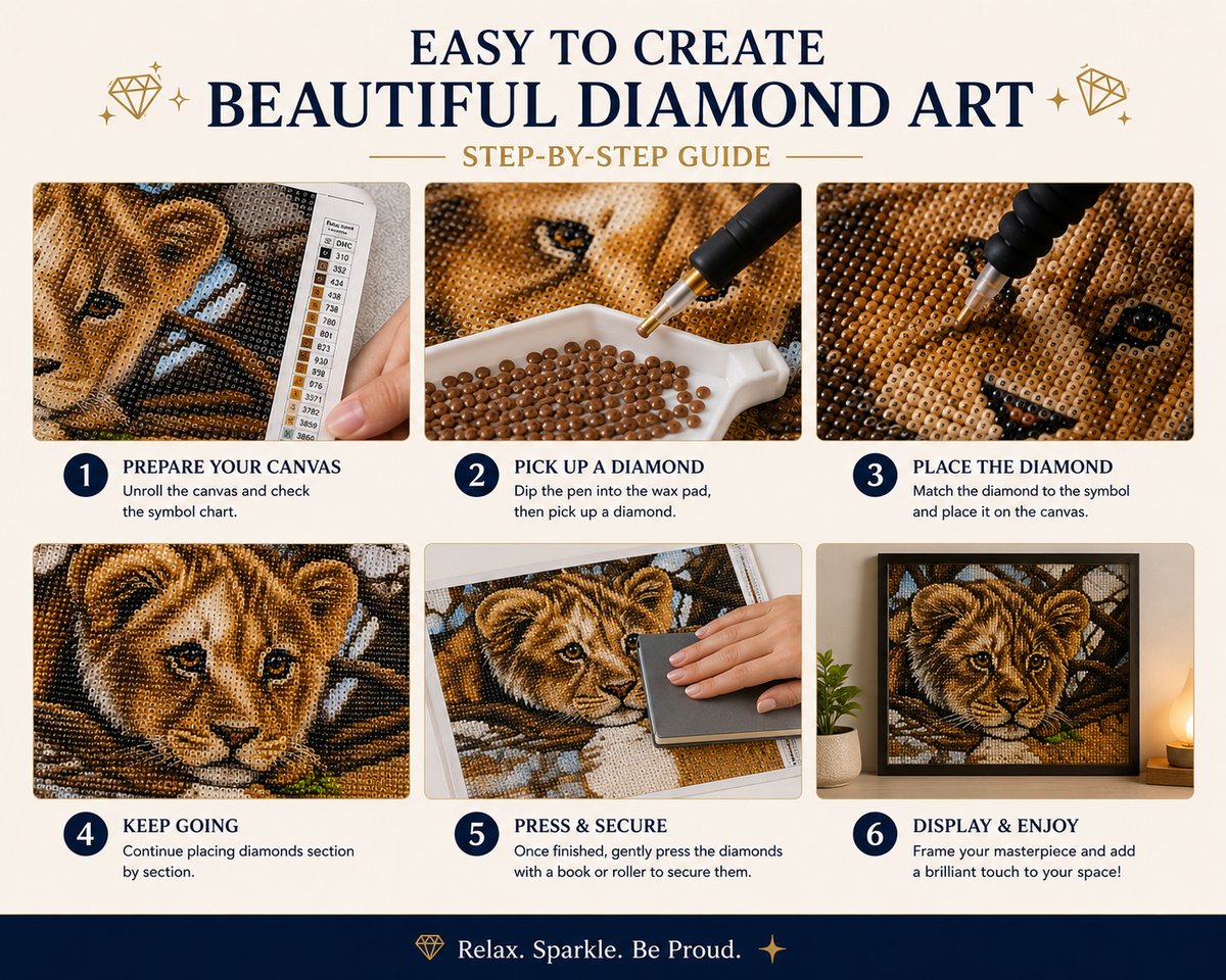 Six step guide showing how to complete the baby lion cub diamond painting | Azurra Shop