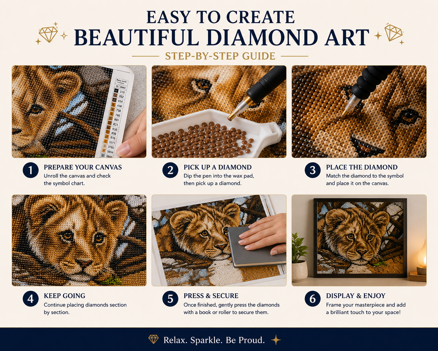 Baby lion cub diamond painting kit easy step-by-step guide – 6 illustrated steps showing how to prepare canvas, pick up and place diamond drills, press to secure and display finished lion cub artwork — Azurra Shop
