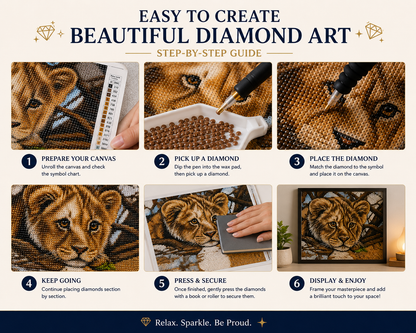 Baby lion cub diamond painting kit easy step-by-step guide – 6 illustrated steps showing how to prepare canvas, pick up and place diamond drills, press to secure and display finished lion cub artwork — Azurra Shop
