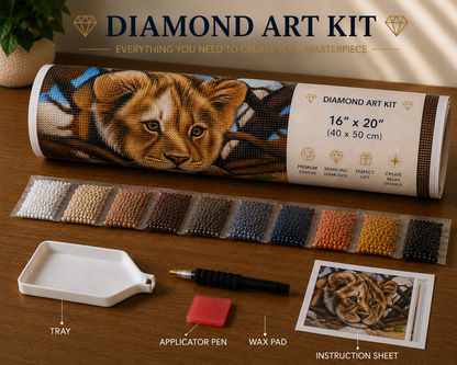 Baby lion cub diamond painting kit supplies – 16" x 20" canvas tube, sorted warm golden brown and blue diamond drill packets, applicator pen, wax pad, tray and instruction sheet on wooden surface — Azurra Shop
