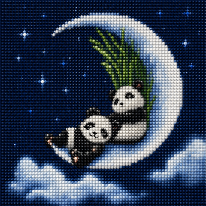 Baby pandas on a crescent moon diamond painting kit close-up – two panda cubs nestled on a glowing crescent moon with bamboo, sparkling full drill 5D resin diamond texture, deep navy starry background — Azurra Shop
