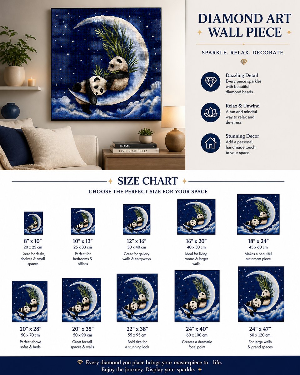 Framed baby pandas diamond painting displayed on a living room shelf | Azurra Shop