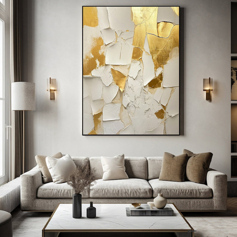 Handmade Abstract Oil Painting — Golden &amp; White Texture